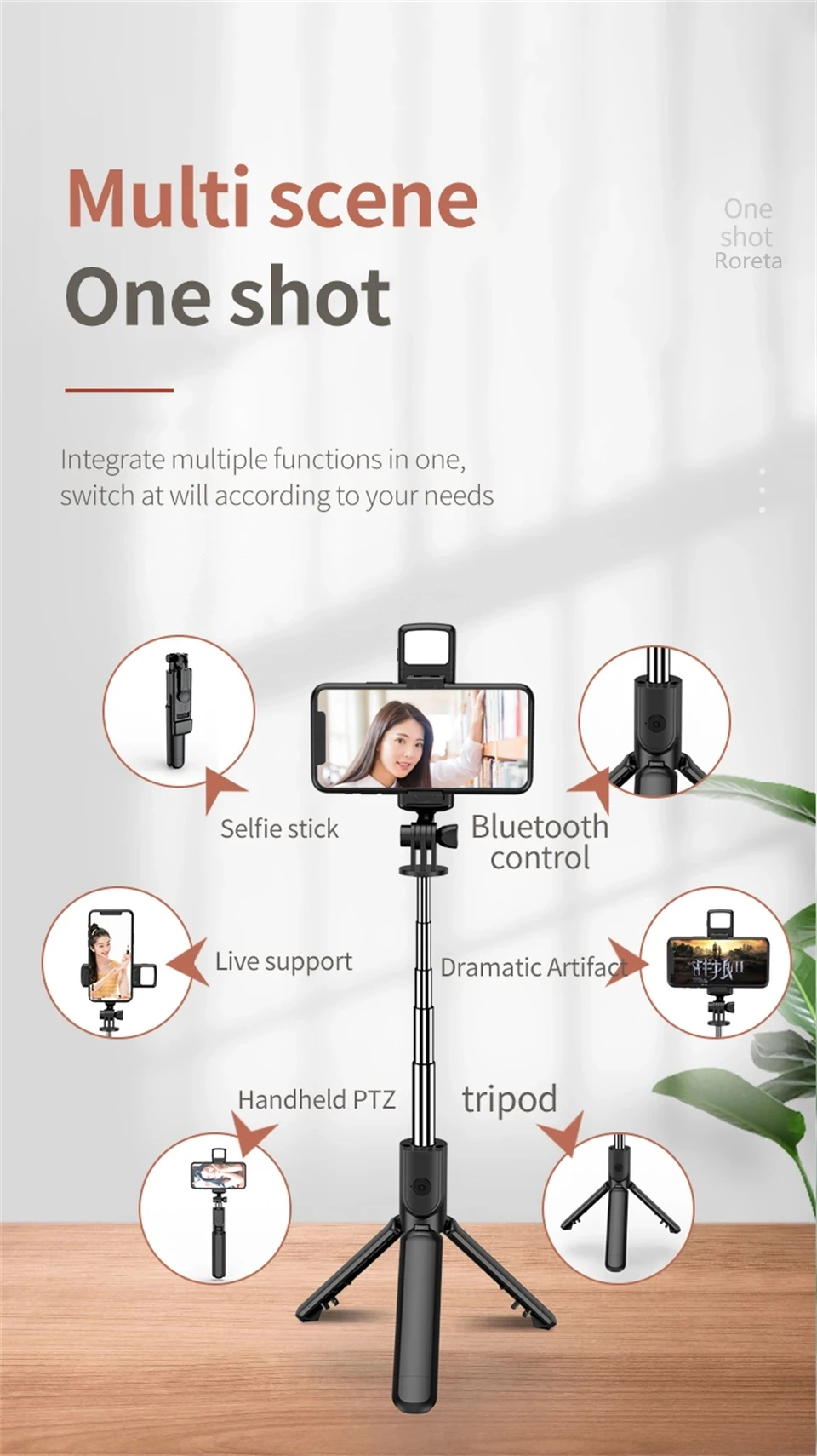 FANGTUOSI Phone Selfie Stick Tripod Bluetooth Remote Wireless Selfi Stick Phone Holder With Beauty LED Fill Light