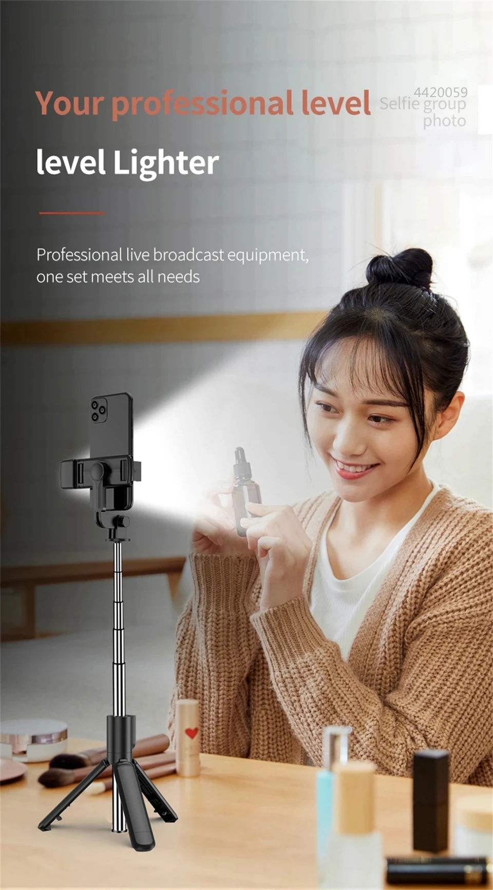 FANGTUOSI Phone Selfie Stick Tripod Bluetooth Remote Wireless Selfi Stick Phone Holder With Beauty LED Fill Light