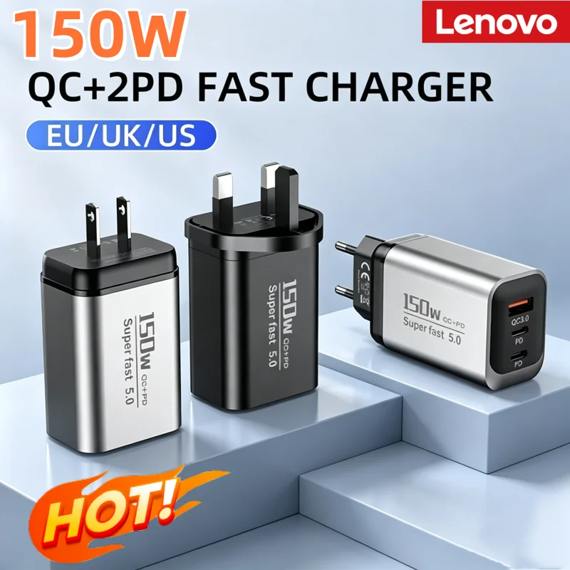 Lenovo 150W 3-Port Fast Charger PD QC3.0 Wall Charger USB-C Adapter For iPhone Samsung Xiaomi Multi Plug EU/US/UK Charger