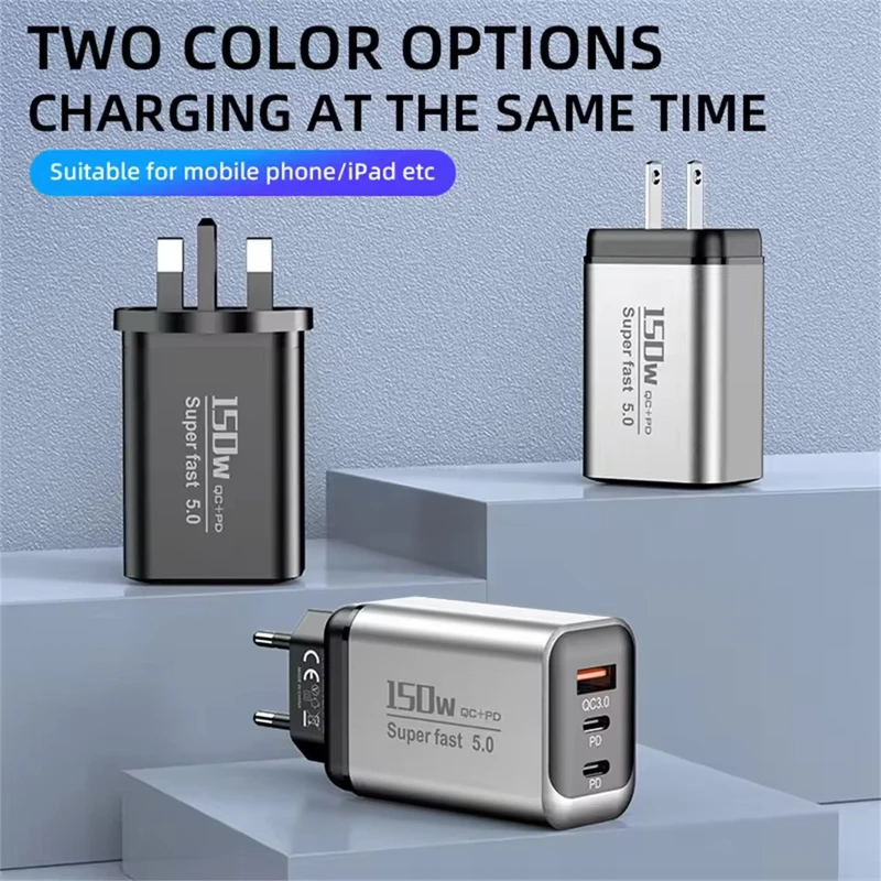 Lenovo 150W 3-Port Fast Charger PD QC3.0 Wall Charger USB-C Adapter For iPhone Samsung Xiaomi Multi Plug EU/US/UK Charger