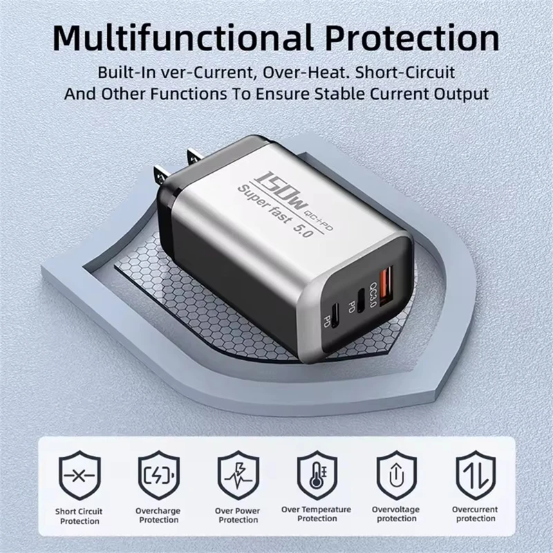 Lenovo 150W 3-Port Fast Charger PD QC3.0 Wall Charger USB-C Adapter For iPhone Samsung Xiaomi Multi Plug EU/US/UK Charger