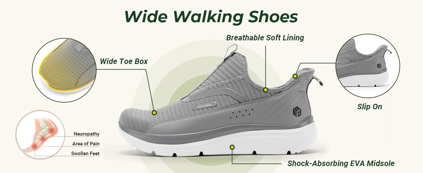 Fitville Wide Men's Shoes Fitness Walking Shoes Lightweight Breathable For Outdoor Casual Sports Running Shoes Sneaker