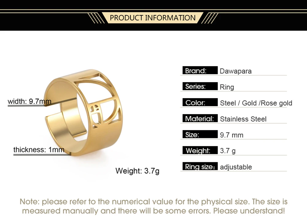 Dawapara Fibonacci Spiral Golden Ratio Ring Sacred Geometry Math Jewelry Stainless Steel Adjustable Rings