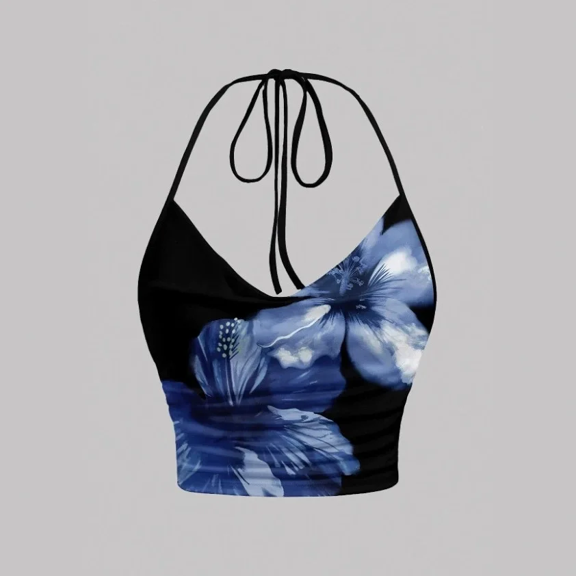 Tie-dye Print Halter Top for Women Y2K Clothes Sexy Backless Drape V-neck Crop Top Streetwear Summer Spice Girls Versatile Camis