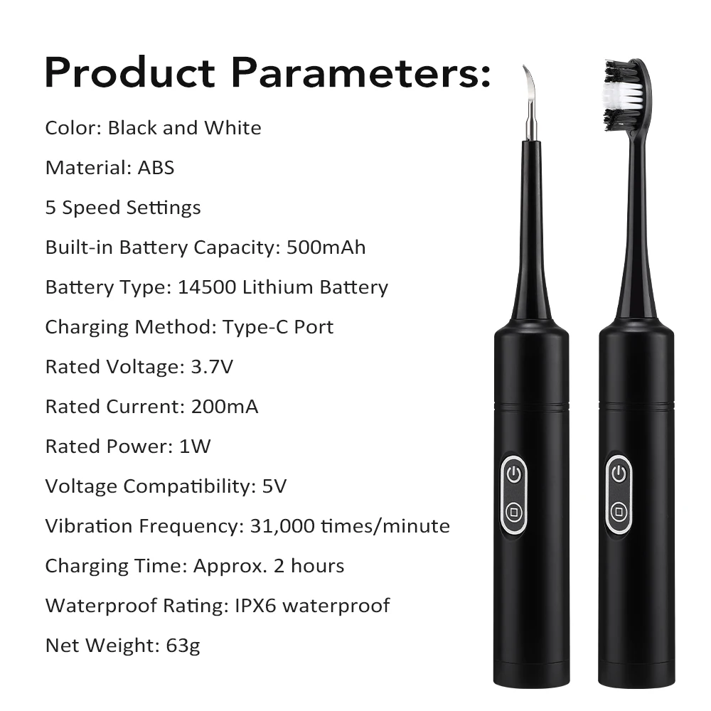 Electric Dental Scaler with Teeth Brush Head Calculus Tartar Remover Vibration Teeth Plaque Cleaner Oral Care Improve Odor