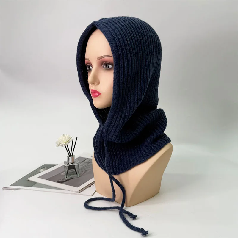 1pc Winter Warm Knitted Balaclava Cap,Outdoor ProofHood Scarf Neck Elastic Drawstring Soft Thick Beanie Hat for Skiing in Winter