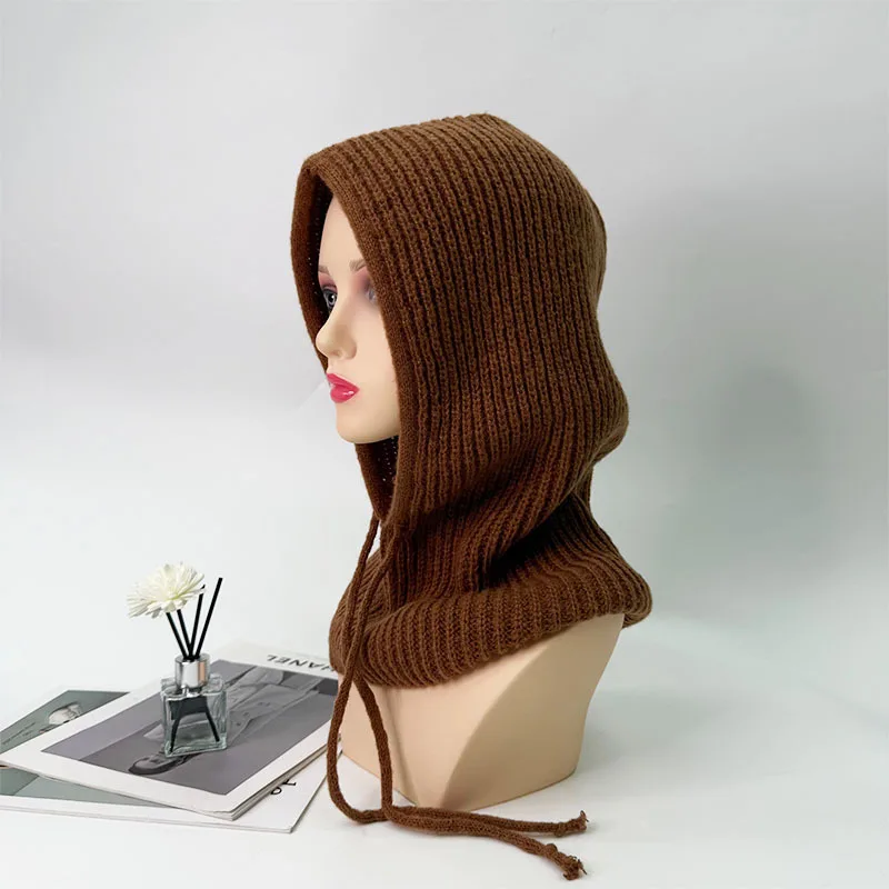 1pc Winter Warm Knitted Balaclava Cap,Outdoor ProofHood Scarf Neck Elastic Drawstring Soft Thick Beanie Hat for Skiing in Winter
