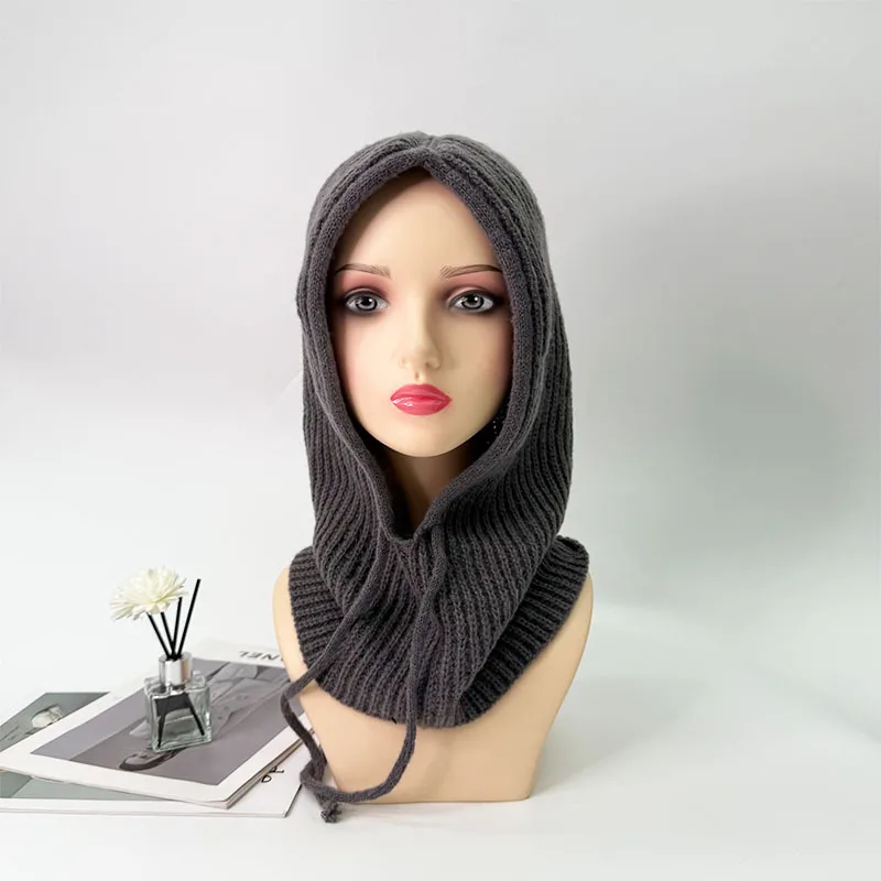 1pc Winter Warm Knitted Balaclava Cap,Outdoor ProofHood Scarf Neck Elastic Drawstring Soft Thick Beanie Hat for Skiing in Winter
