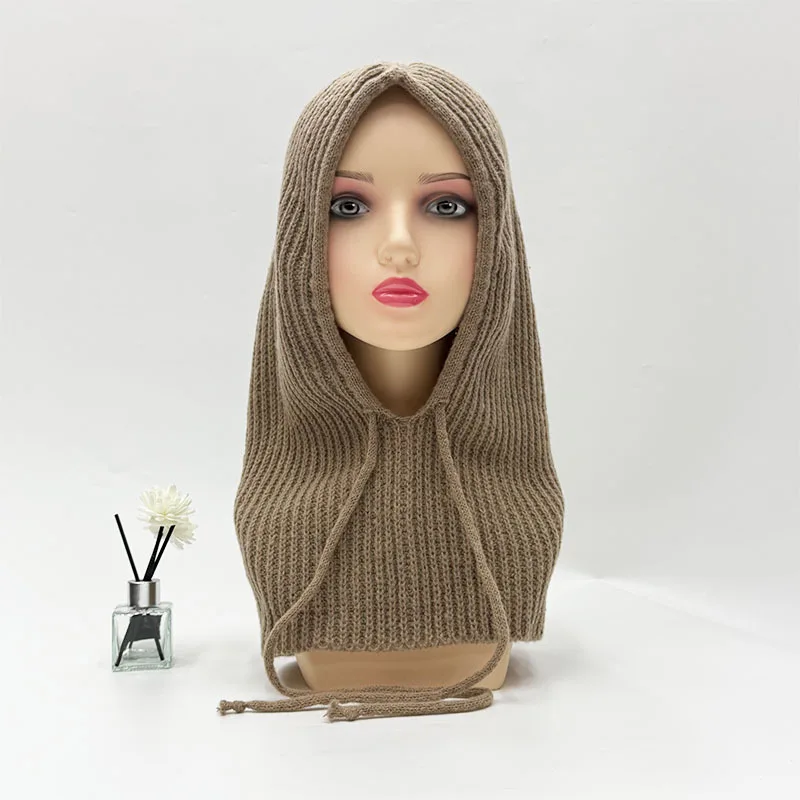 1pc Winter Warm Knitted Balaclava Cap,Outdoor ProofHood Scarf Neck Elastic Drawstring Soft Thick Beanie Hat for Skiing in Winter