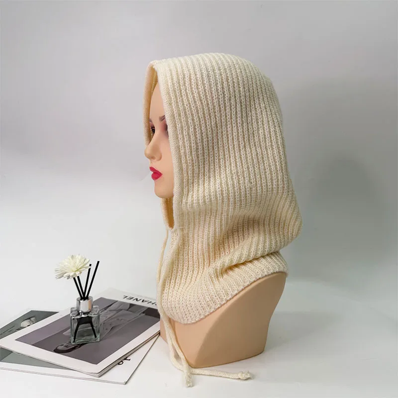 1pc Winter Warm Knitted Balaclava Cap,Outdoor ProofHood Scarf Neck Elastic Drawstring Soft Thick Beanie Hat for Skiing in Winter