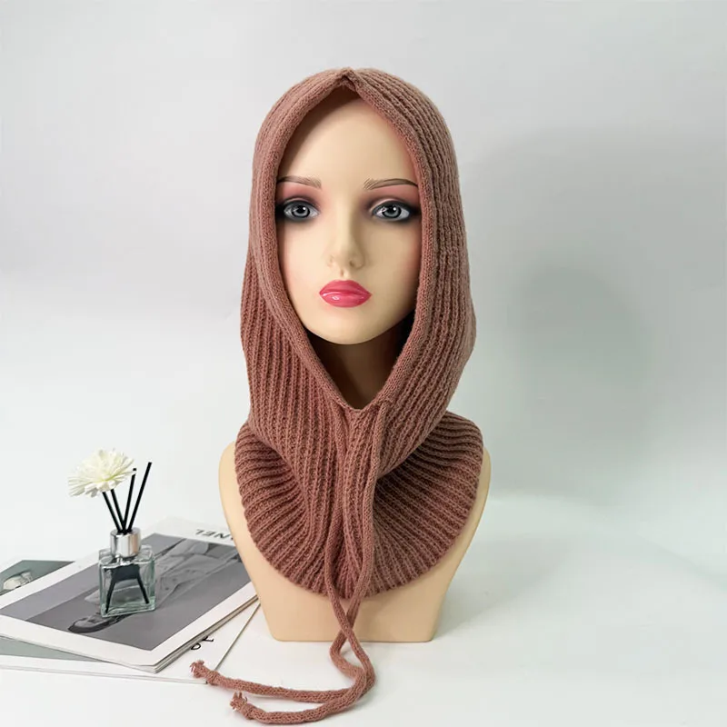 1pc Winter Warm Knitted Balaclava Cap,Outdoor ProofHood Scarf Neck Elastic Drawstring Soft Thick Beanie Hat for Skiing in Winter