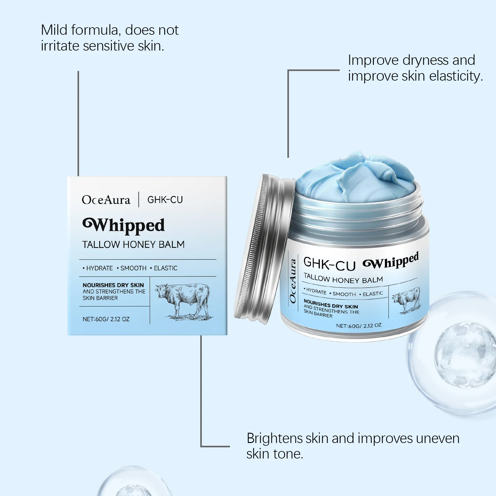 Ghk-Cu Beef Tallow Honey Balm Repair Dry Skin Deep Hydration Nourish Non-Greasy Brightening Even Skin Whipped Tallow Honey Cream