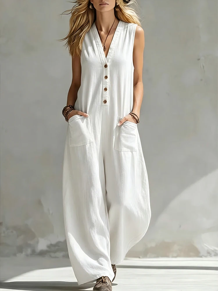 Women Casual Sleeveless V Neck Jumpsuit Button Wide Leg Cotton Linen Long Pants Romper Loose Baggy Summer Streetwear Outfits