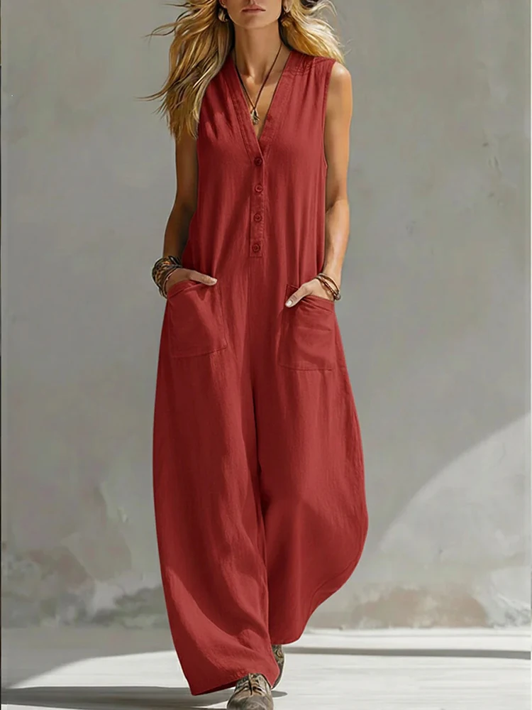 Women Casual Sleeveless V Neck Jumpsuit Button Wide Leg Cotton Linen Long Pants Romper Loose Baggy Summer Streetwear Outfits