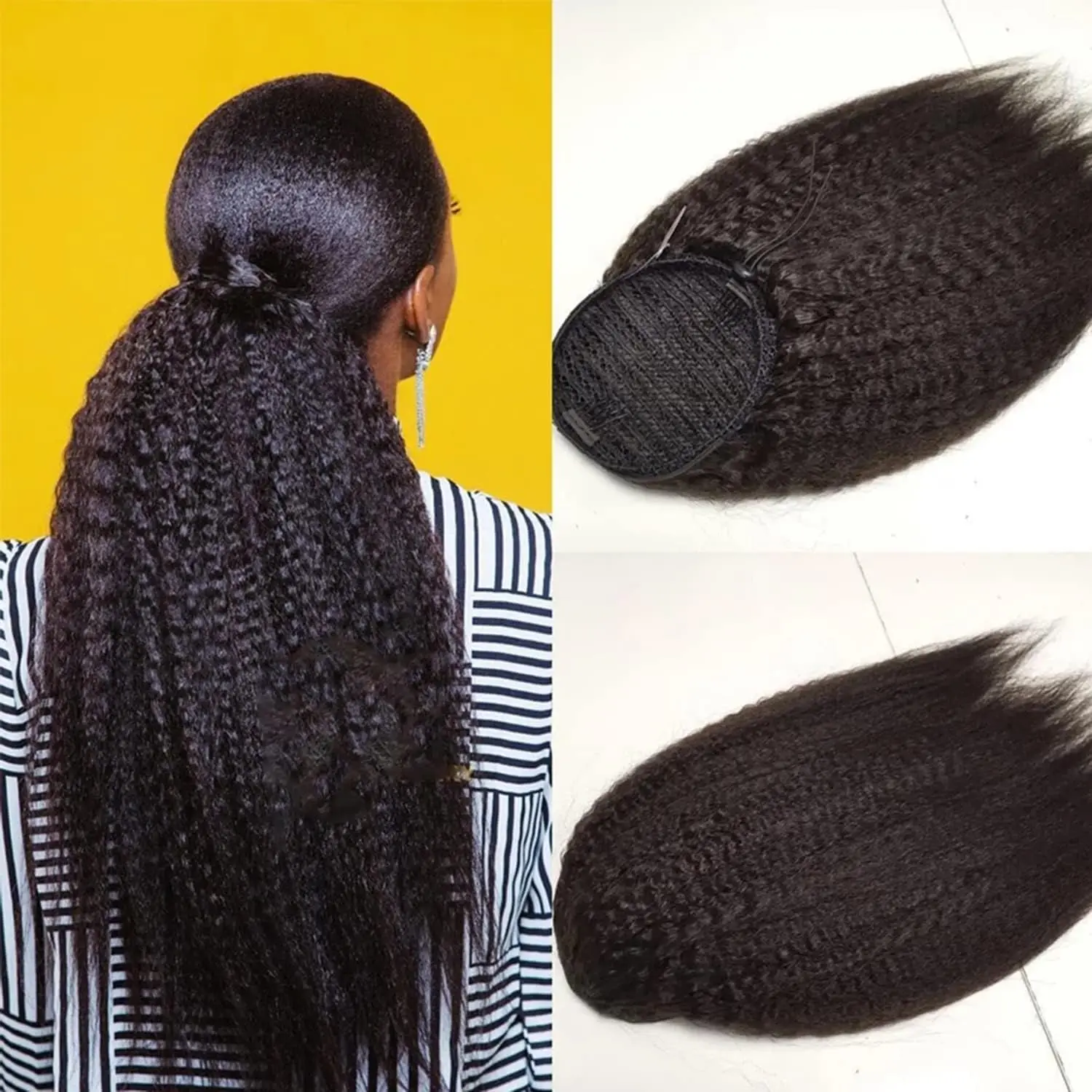 Kinky Straight Wrap Drawstring Kinky Straight Human Hair Ponytail for Balck Women Yaki Straight Remy Human Hair Ponytail #1B