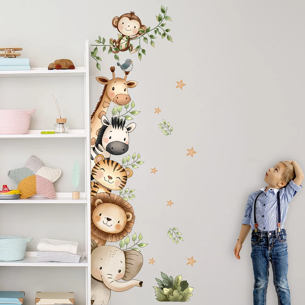 Cute Watercolor Safari Animal Wall Decals Removable Giraffe Elephant Tiger Stickers for Kids Nursery Playroom