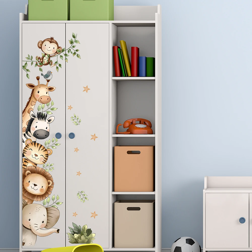 Cute Watercolor Safari Animal Wall Decals Removable Giraffe Elephant Tiger Stickers for Kids Nursery Playroom
