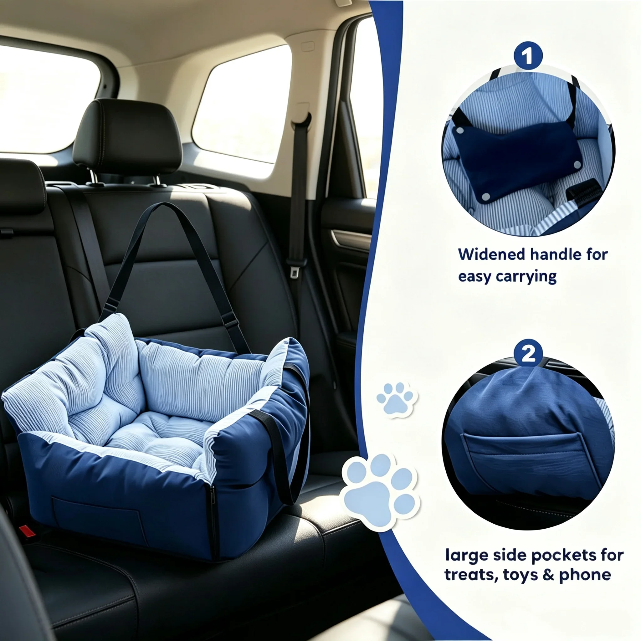 Blue‑Stripe Dog Car Seat Bed Pet Car Booster Seat With Safety Belt Washable Anti‑Collision Travel Sofa For Dogs And Cats