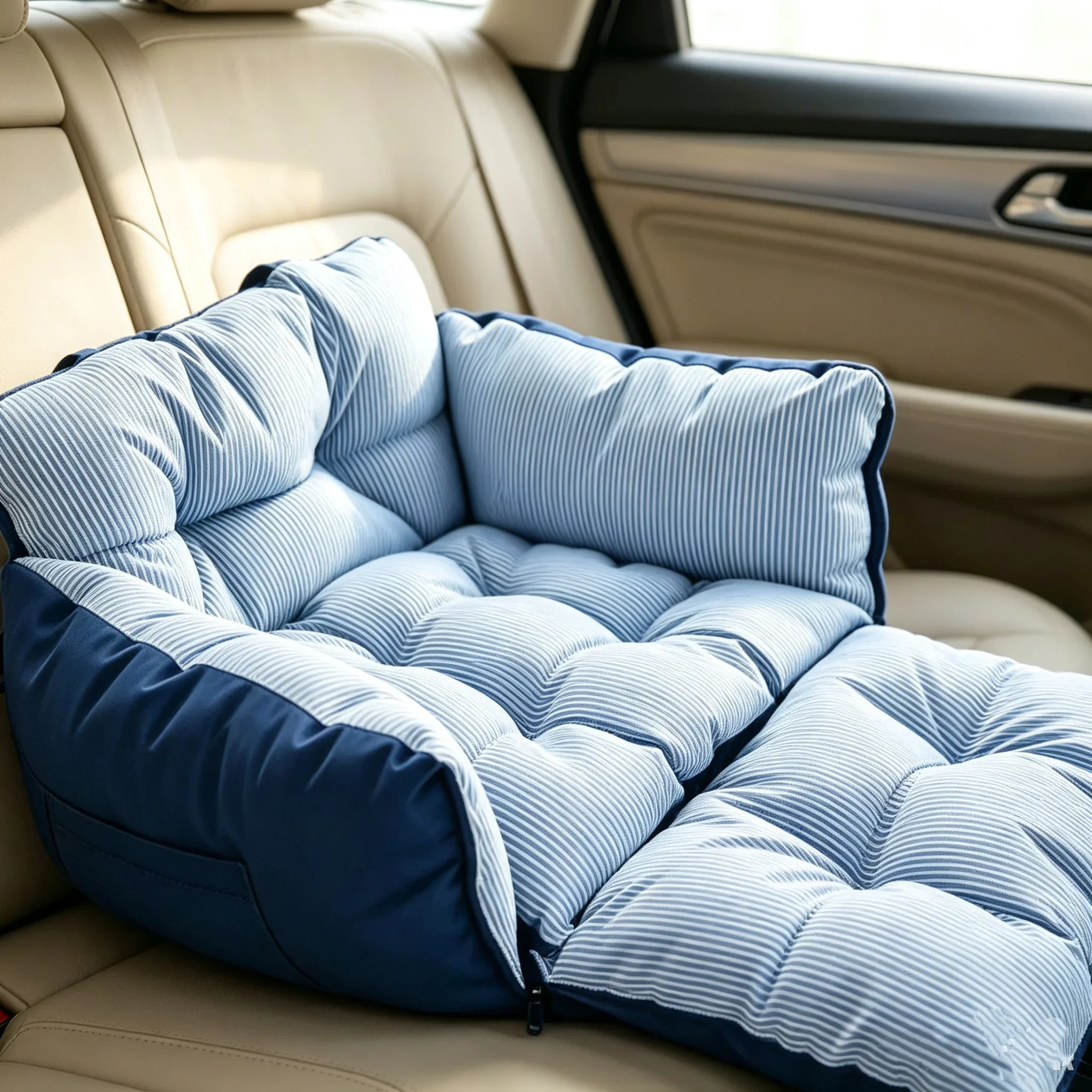 Blue‑Stripe Dog Car Seat Bed Pet Car Booster Seat With Safety Belt Washable Anti‑Collision Travel Sofa For Dogs And Cats