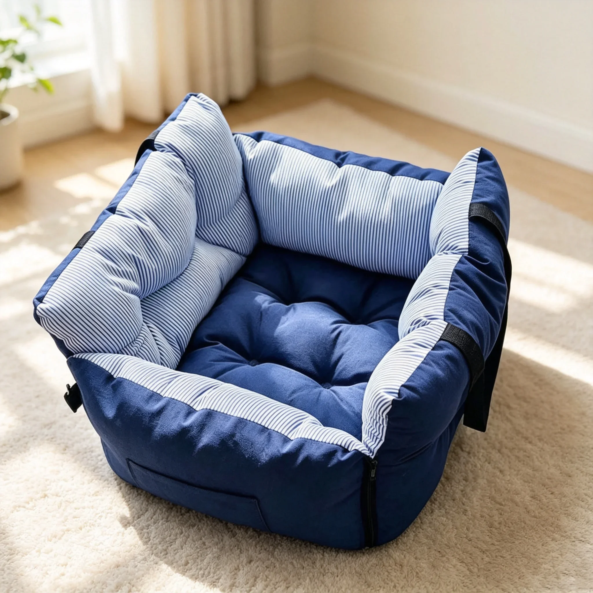 Blue‑Stripe Dog Car Seat Bed Pet Car Booster Seat With Safety Belt Washable Anti‑Collision Travel Sofa For Dogs And Cats