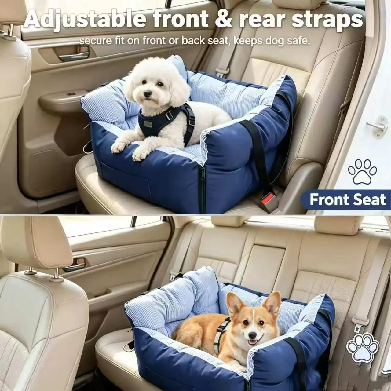 Blue‑Stripe Dog Car Seat Bed Pet Car Booster Seat With Safety Belt Washable Anti‑Collision Travel Sofa For Dogs And Cats
