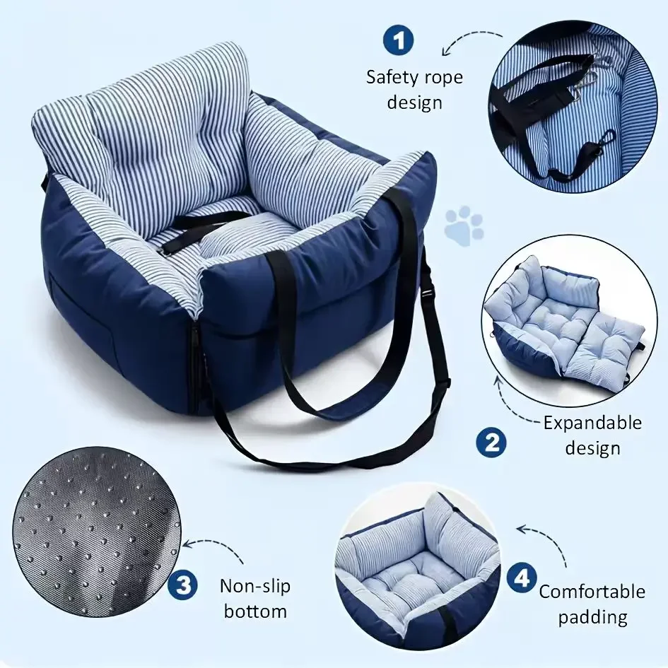 Blue‑Stripe Dog Car Seat Bed Pet Car Booster Seat With Safety Belt Washable Anti‑Collision Travel Sofa For Dogs And Cats