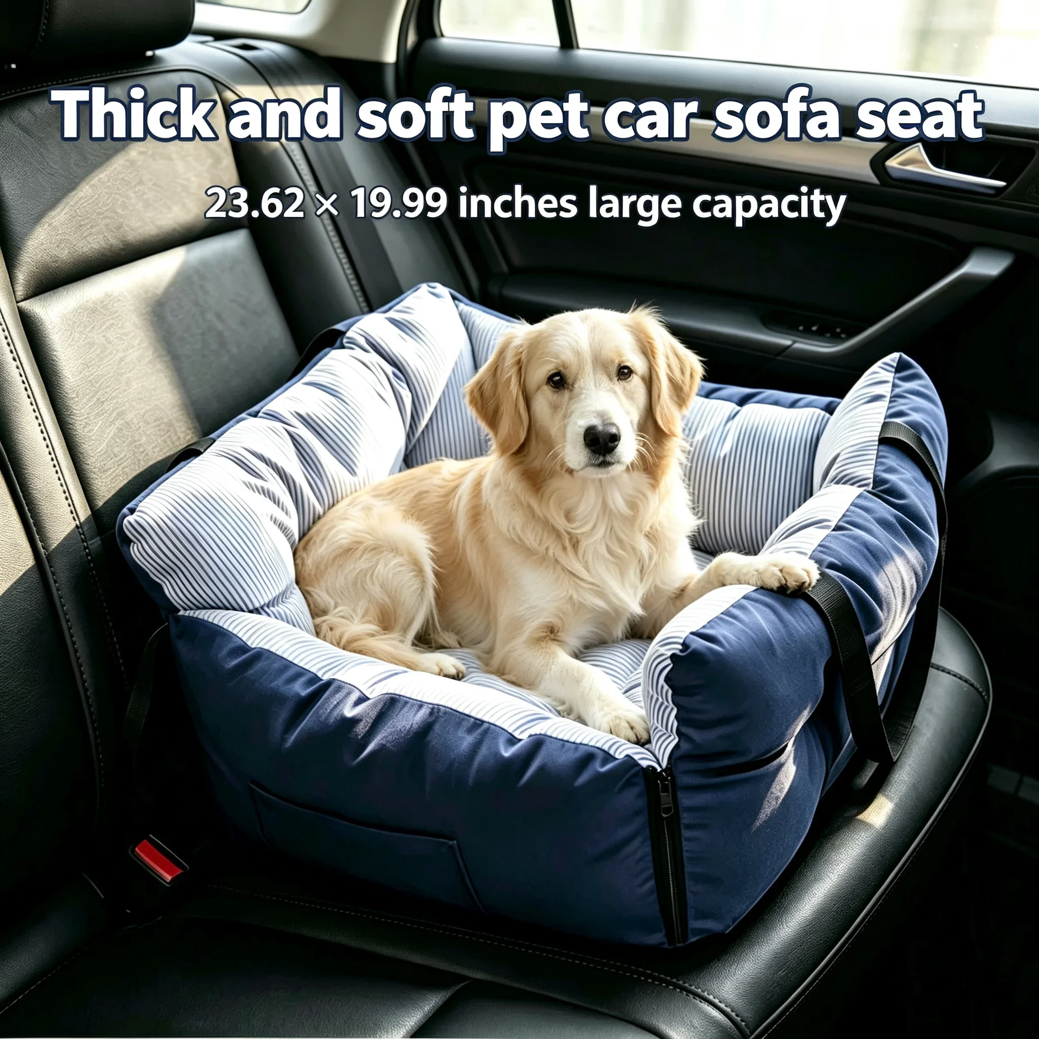 Blue‑Stripe Dog Car Seat Bed Pet Car Booster Seat With Safety Belt Washable Anti‑Collision Travel Sofa For Dogs And Cats