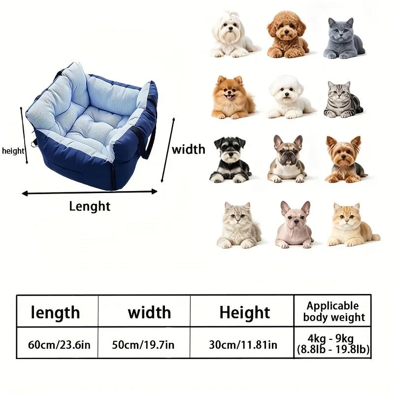 Blue‑Stripe Dog Car Seat Bed Pet Car Booster Seat With Safety Belt Washable Anti‑Collision Travel Sofa For Dogs And Cats