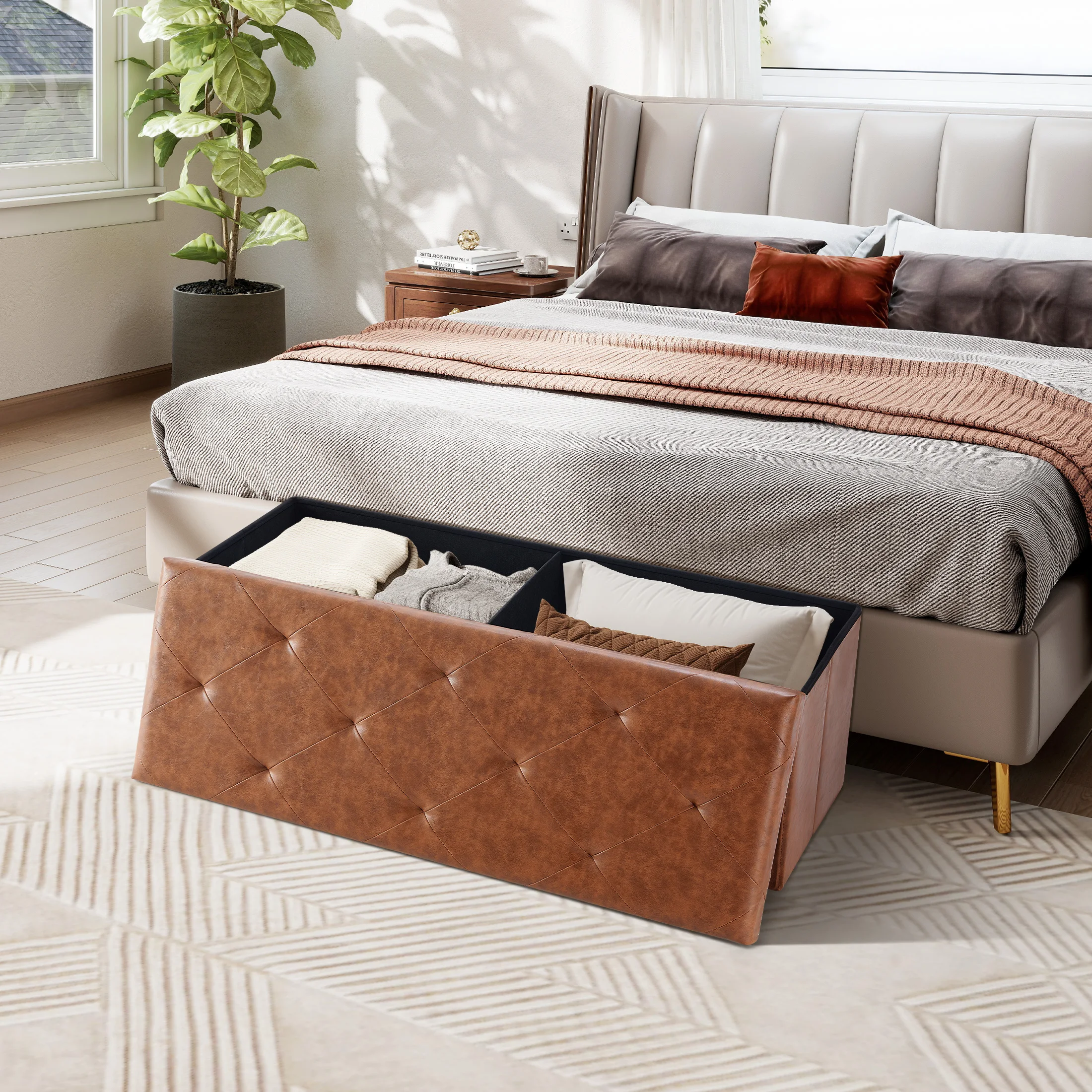 MCQ 43 Inch Faux Leather Foldable Ottoman Foot Rest Stool with Storage Folding End of Bed Storage Bench Storage Load 660 lbs for Living Room Bedroom Entryway