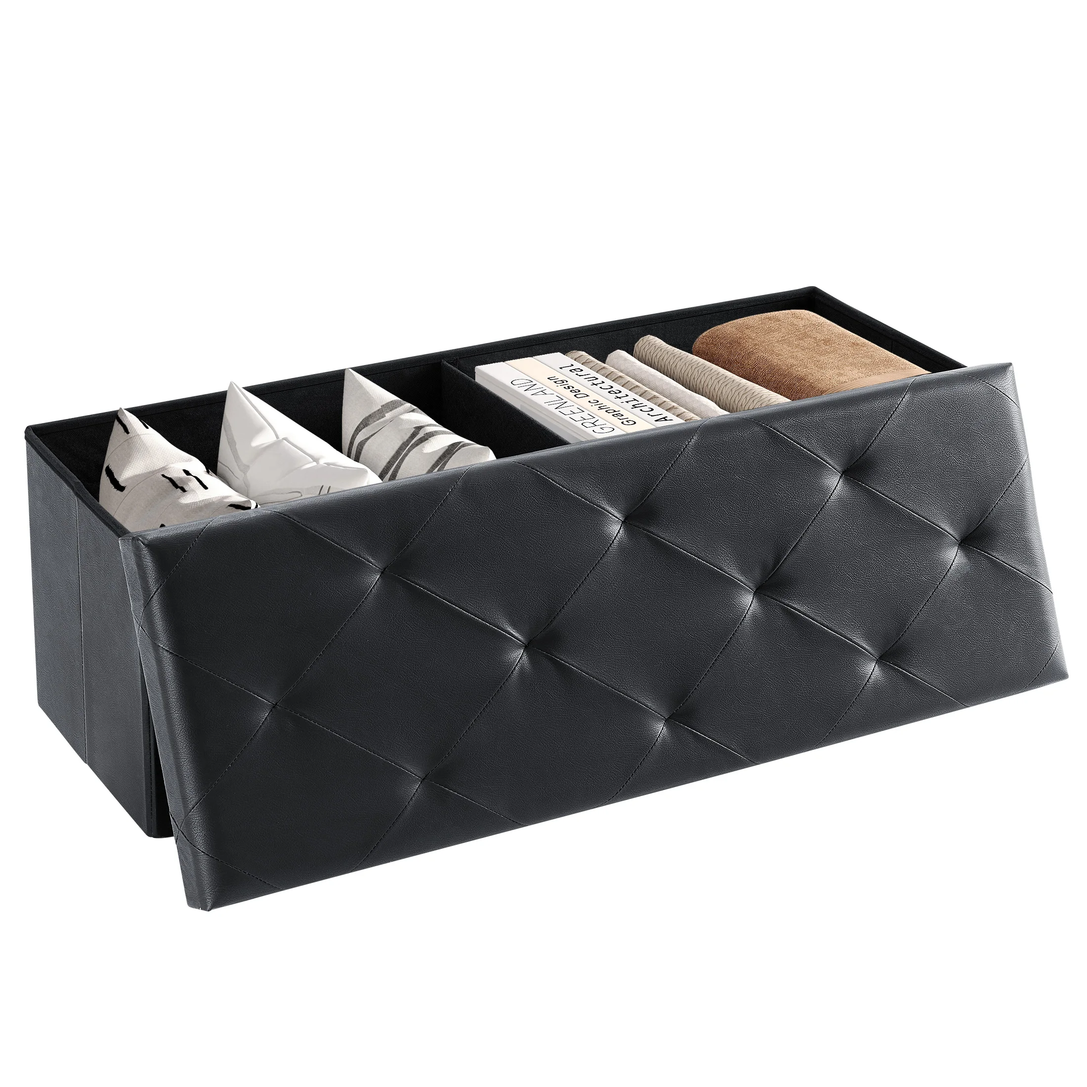 MCQ 43 Inch Faux Leather Foldable Ottoman Foot Rest Stool with Storage Folding End of Bed Storage Bench Storage Load 660 lbs for Living Room Bedroom Entryway