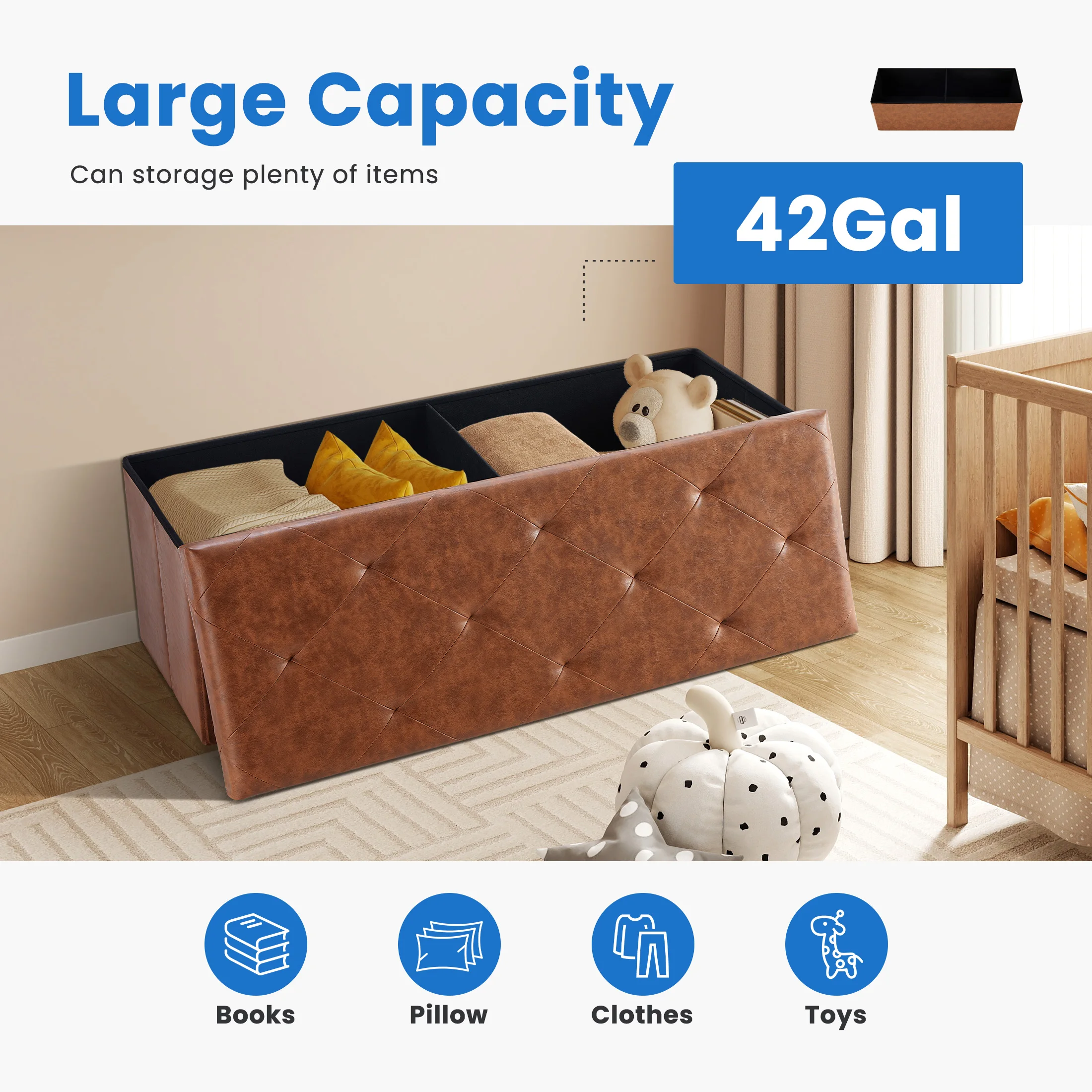 MCQ 43 Inch Faux Leather Foldable Ottoman Foot Rest Stool with Storage Folding End of Bed Storage Bench Storage Load 660 lbs for Living Room Bedroom Entryway