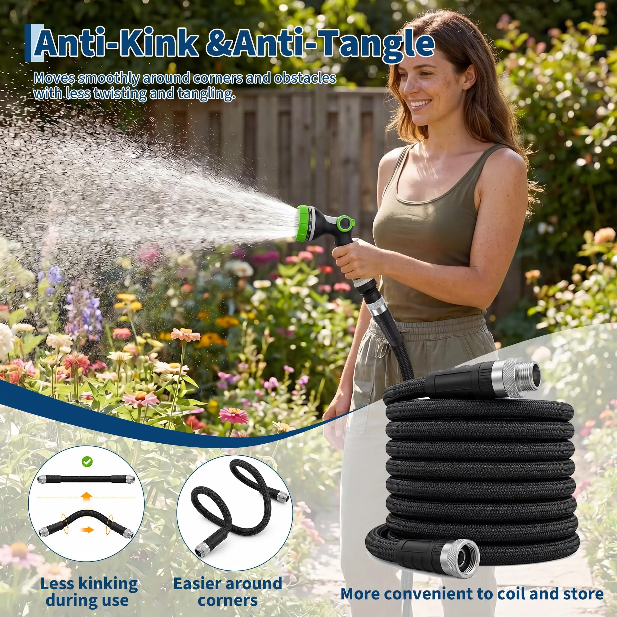25/50/75/100 FT Non-Expandable Garden Hose, Lightweight Water Hose With TPE Inner Tube, Anti-Kink Braided Hose For Car Wash Yard Patio