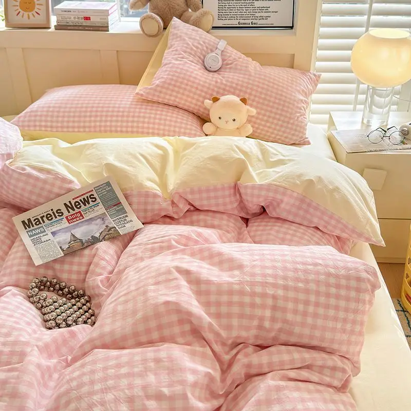 Pink Duvet Cover Set Classic Plaid Twin Queen Size Girls Boys Flat Sheet Pillowcase No Filler Soft Home Decor Bedding Set
