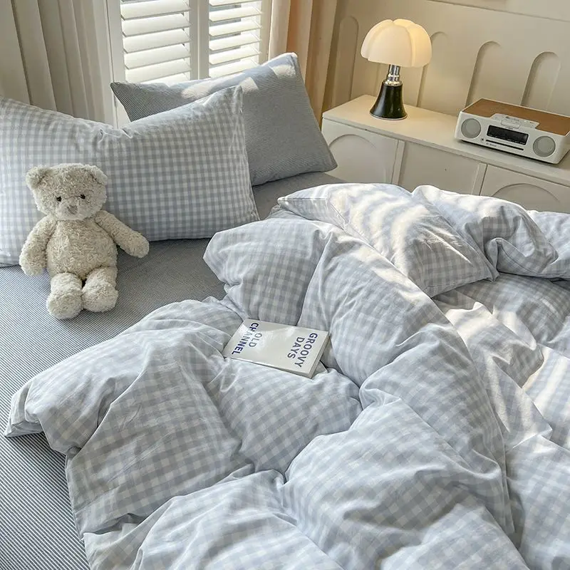 Pink Duvet Cover Set Classic Plaid Twin Queen Size Girls Boys Flat Sheet Pillowcase No Filler Soft Home Decor Bedding Set