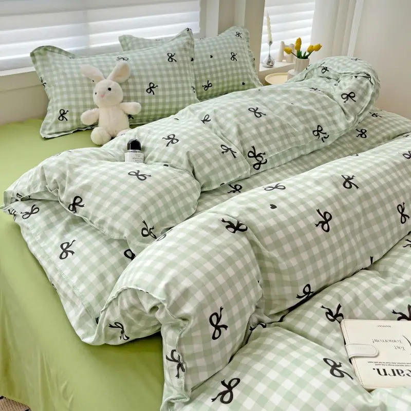 Pink Duvet Cover Set Classic Plaid Twin Queen Size Girls Boys Flat Sheet Pillowcase No Filler Soft Home Decor Bedding Set