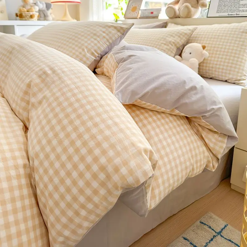 Pink Duvet Cover Set Classic Plaid Twin Queen Size Girls Boys Flat Sheet Pillowcase No Filler Soft Home Decor Bedding Set