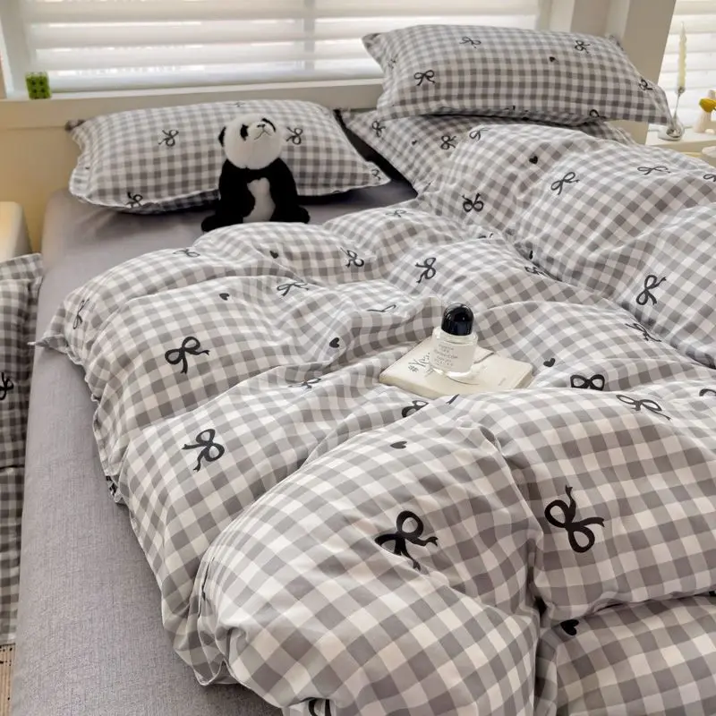 Pink Duvet Cover Set Classic Plaid Twin Queen Size Girls Boys Flat Sheet Pillowcase No Filler Soft Home Decor Bedding Set