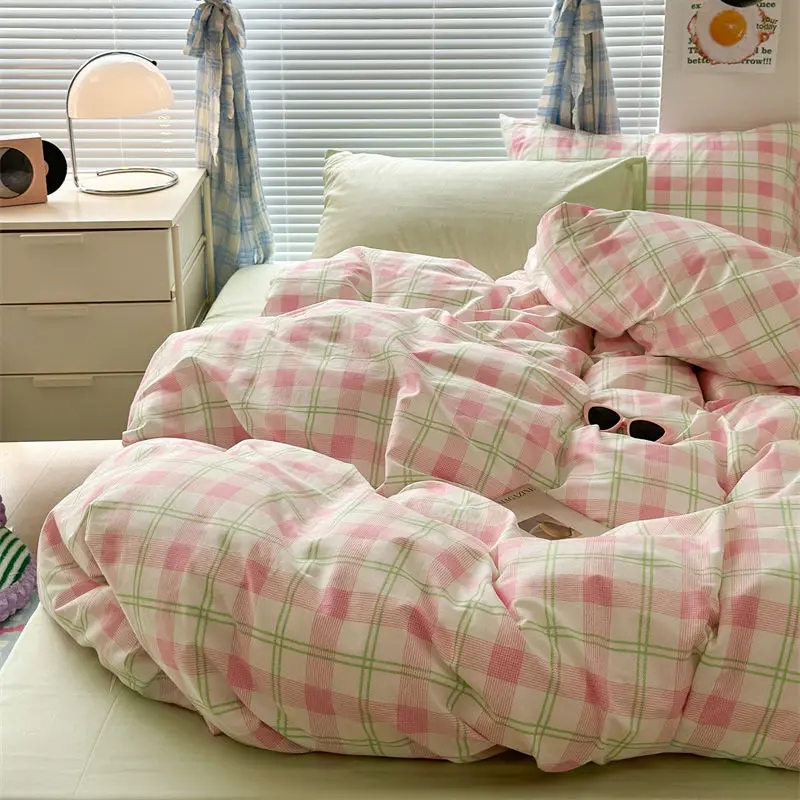 Pink Duvet Cover Set Classic Plaid Twin Queen Size Girls Boys Flat Sheet Pillowcase No Filler Soft Home Decor Bedding Set