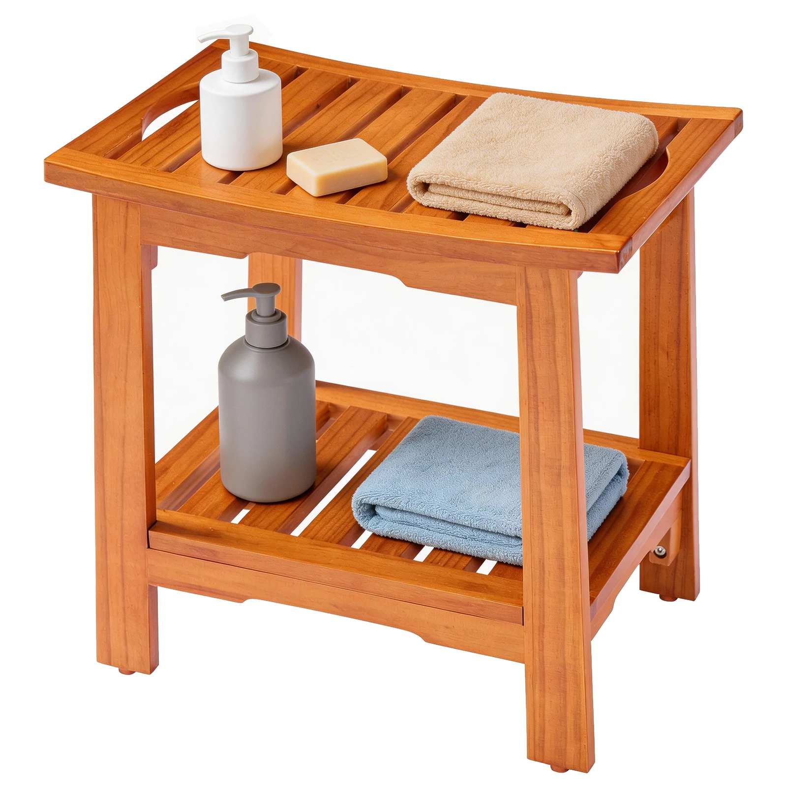 MCQ 14 Inch to 18 Inch Wooden Bathroom Chair with Storage Shelf Waterproof Shower Bench Handles 300 LBS Capacity Showering Seat for Home