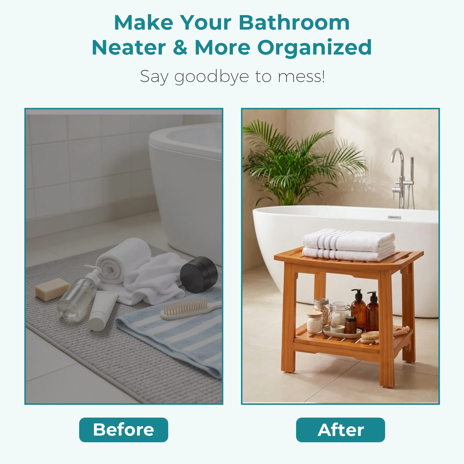 MCQ 14 Inch to 18 Inch Wooden Bathroom Chair with Storage Shelf Waterproof Shower Bench Handles 300 LBS Capacity Showering Seat for Home