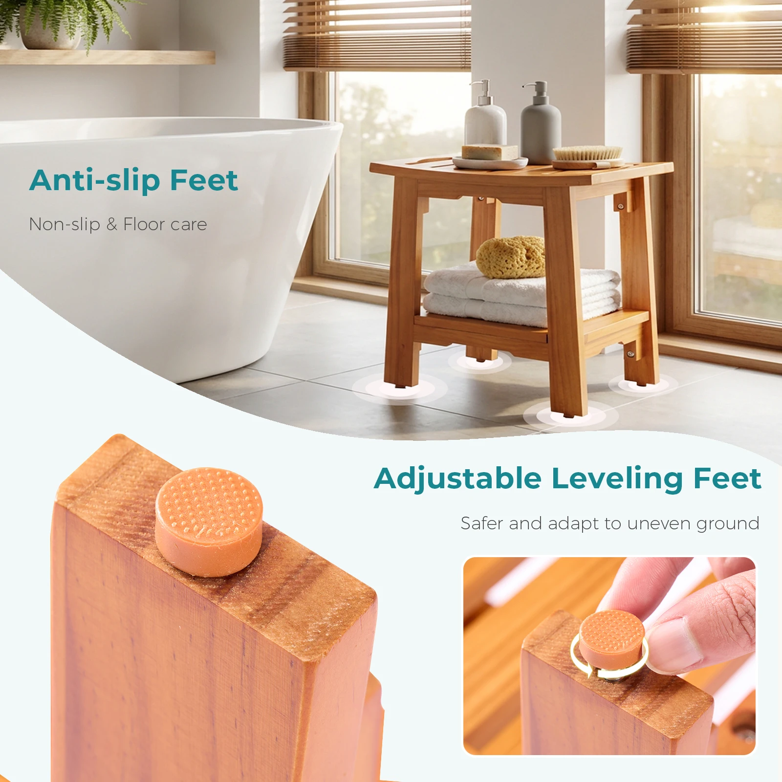 MCQ 14 Inch to 18 Inch Wooden Bathroom Chair with Storage Shelf Waterproof Shower Bench Handles 300 LBS Capacity Showering Seat for Home