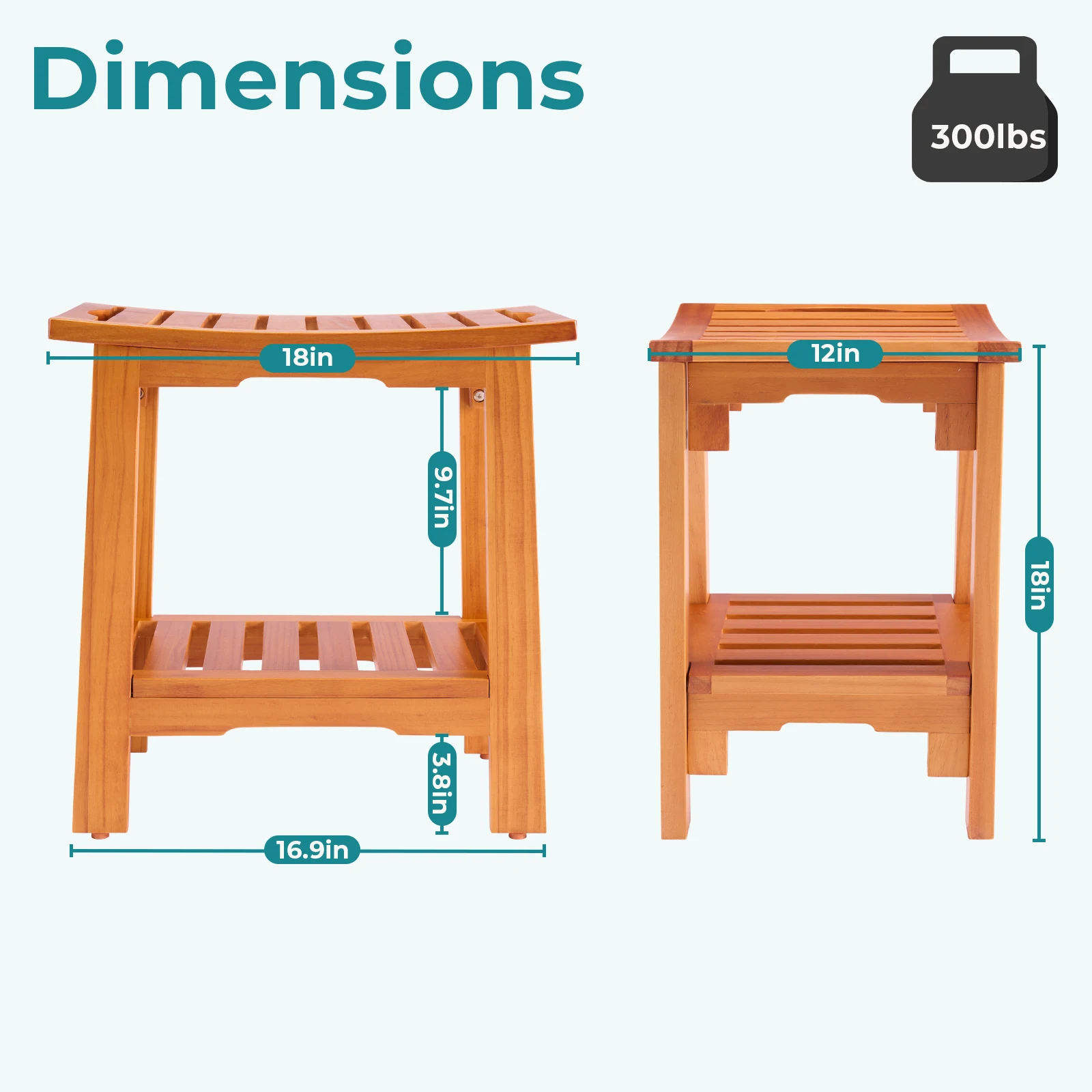 MCQ 14 Inch to 18 Inch Wooden Bathroom Chair with Storage Shelf Waterproof Shower Bench Handles 300 LBS Capacity Showering Seat for Home