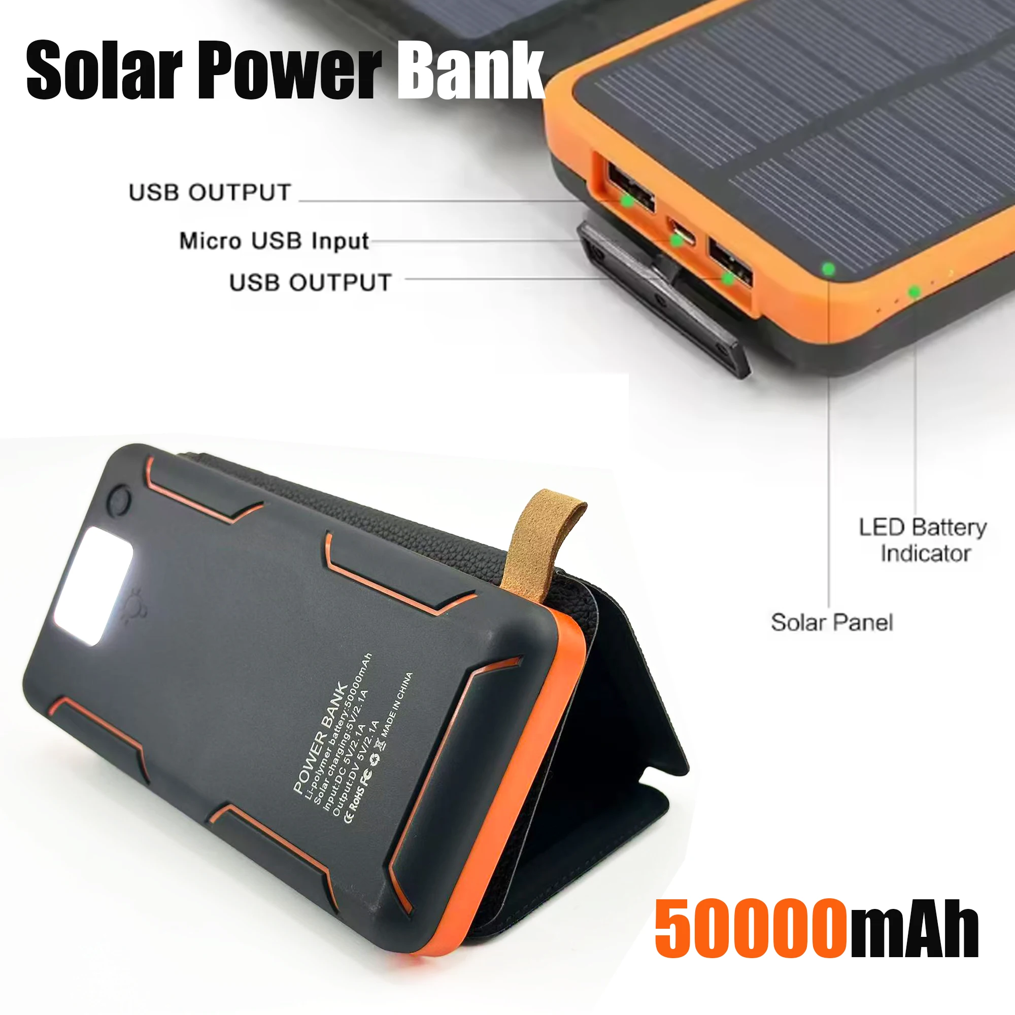 50000mAH Solar Power Bank Folding Solar Panels 5V 2A USB Output Portable Outdoor Camping Sun Power For IPhone Android