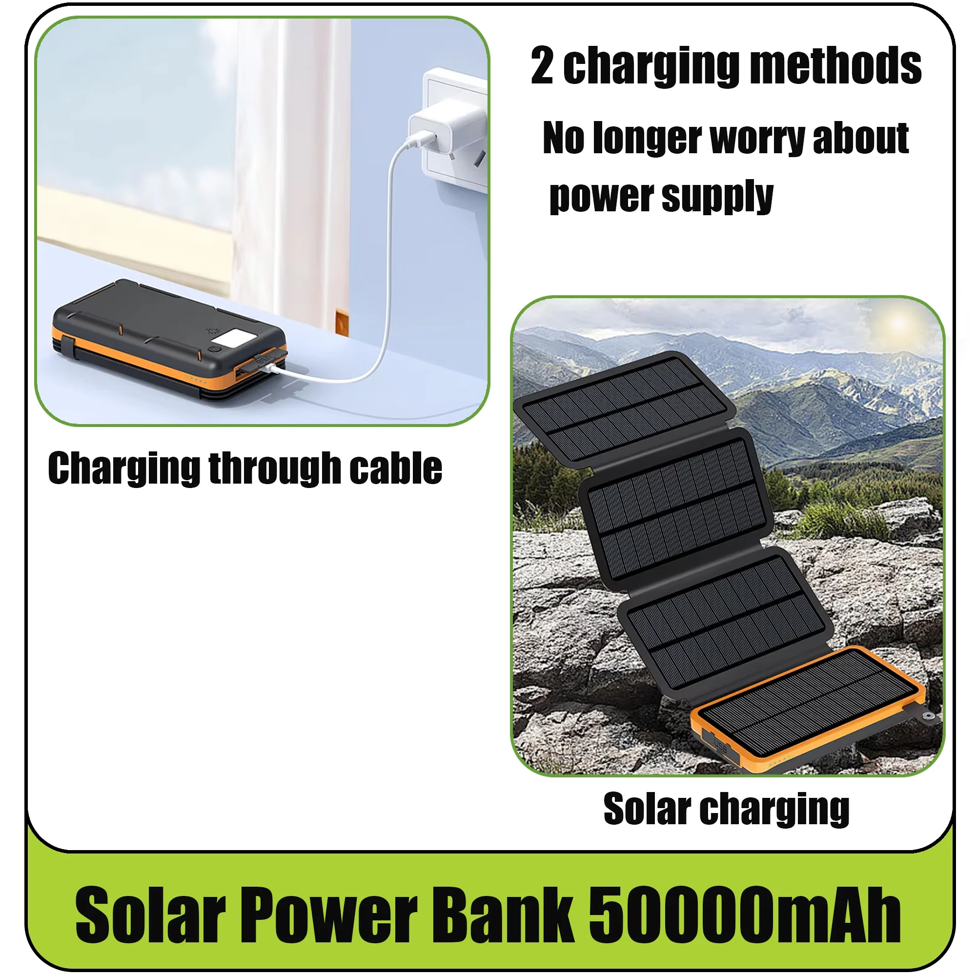 50000mAH Solar Power Bank Folding Solar Panels 5V 2A USB Output Portable Outdoor Camping Sun Power For IPhone Android