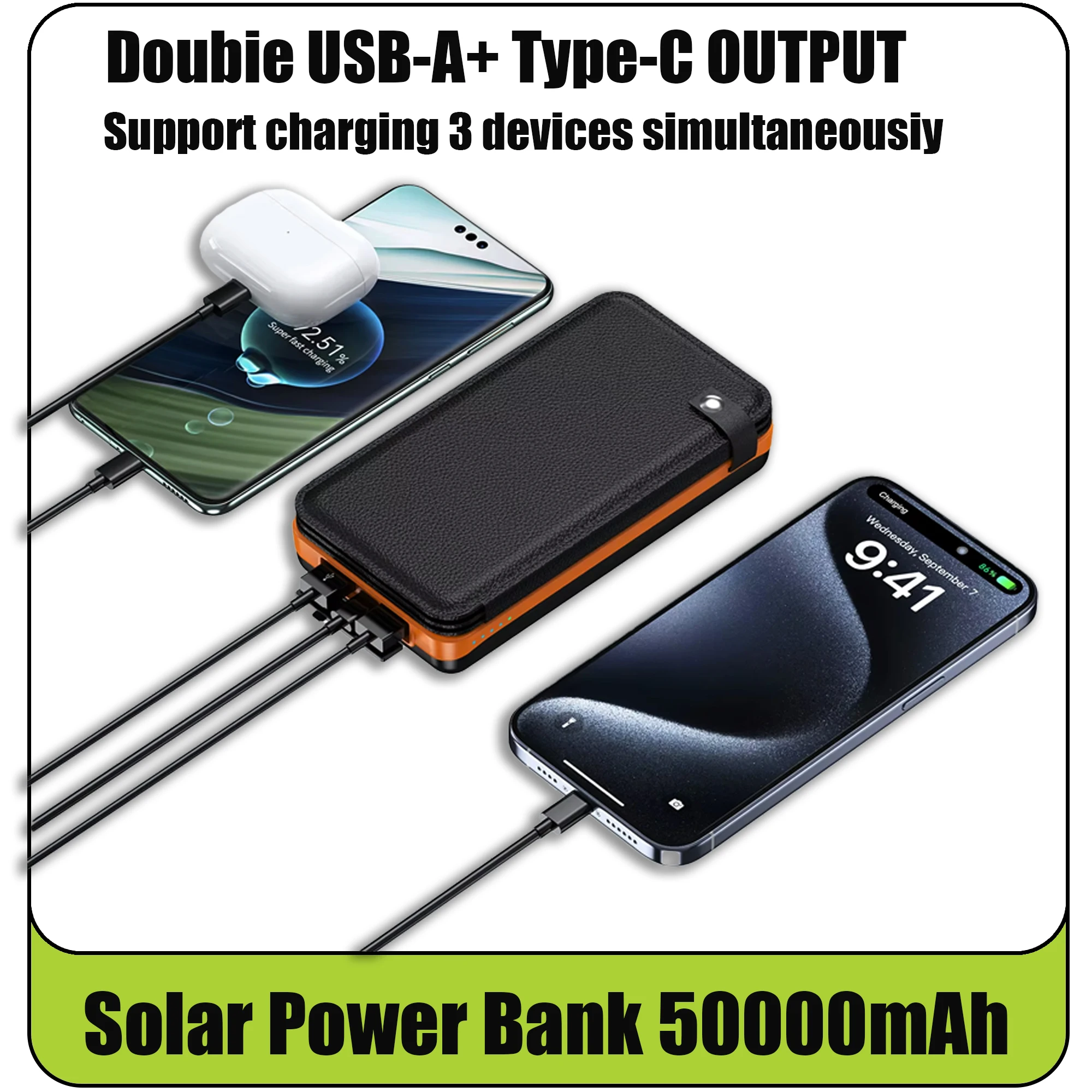 50000mAH Solar Power Bank Folding Solar Panels 5V 2A USB Output Portable Outdoor Camping Sun Power For IPhone Android