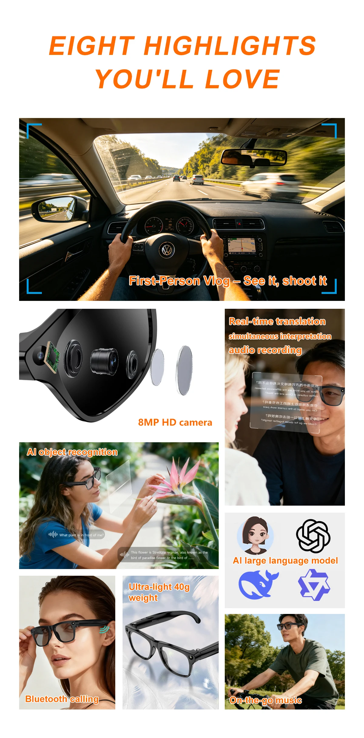 Lenovo 2400W 8K Upgrade Smart AI Glasses HD Shooting Camera Photo Video Voice Call Translation Bluetooth AI Motorcycle Glasses
