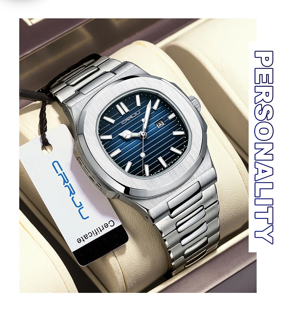 CRRJU Top Luxury Brand Man Watch Sports Waterproof Luminous Date Men Wristwatch Square Dial Quartz Men's Watches High Quality