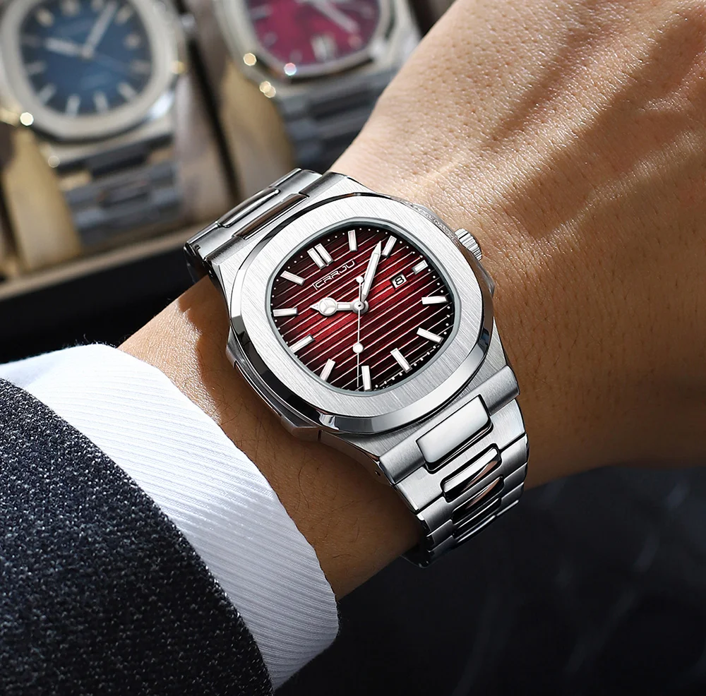 CRRJU Top Luxury Brand Man Watch Sports Waterproof Luminous Date Men Wristwatch Square Dial Quartz Men's Watches High Quality