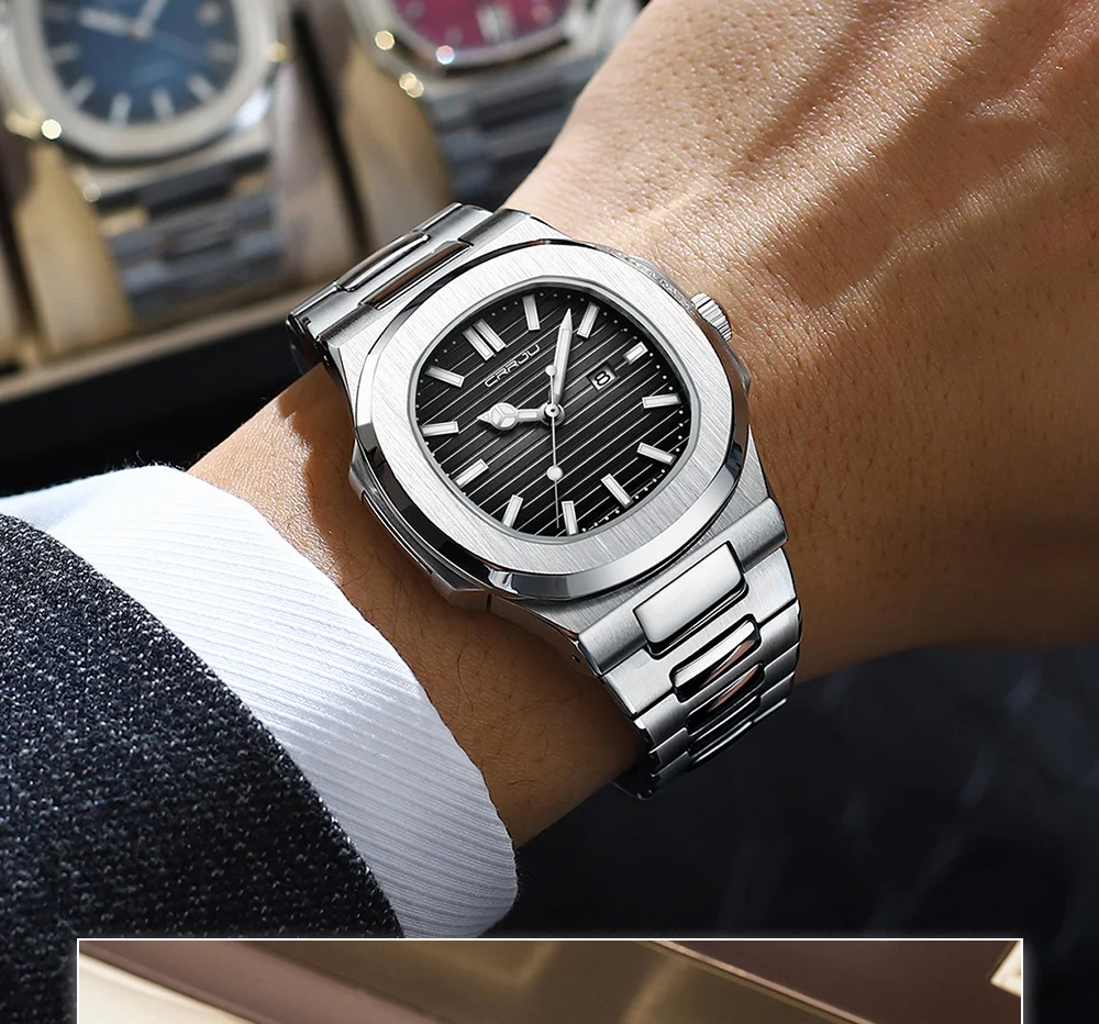 CRRJU Top Luxury Brand Man Watch Sports Waterproof Luminous Date Men Wristwatch Square Dial Quartz Men's Watches High Quality