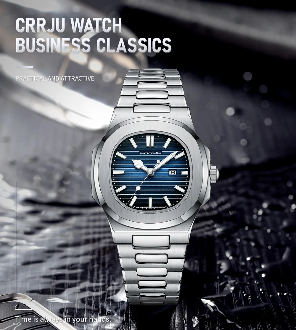 CRRJU Top Luxury Brand Man Watch Sports Waterproof Luminous Date Men Wristwatch Square Dial Quartz Men's Watches High Quality